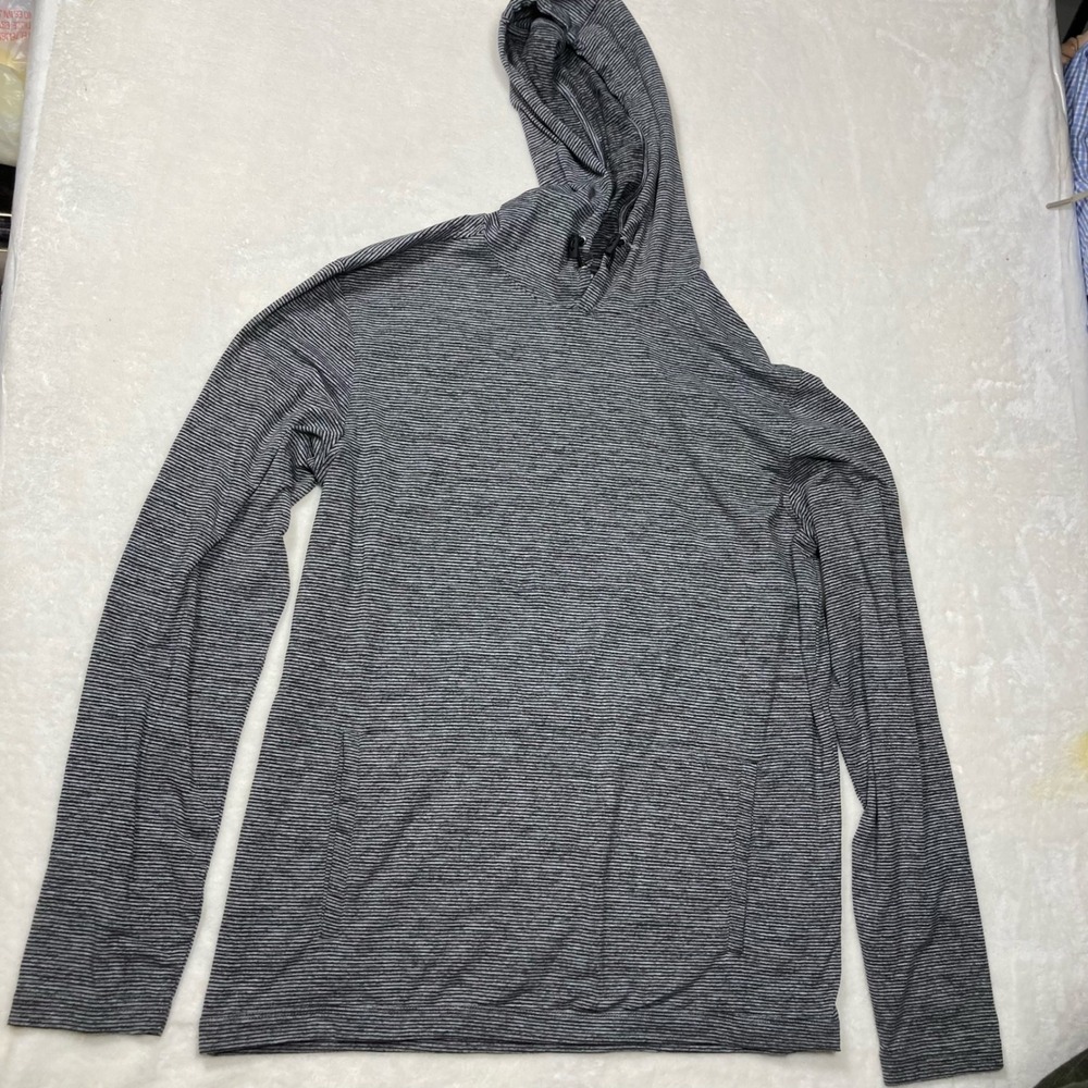 01.ALGO Performance Mens Medium Grey Striped Quick Dry Hooded Pullover Shirt
